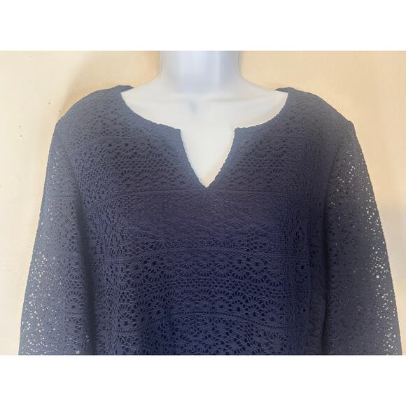 Chicos Dress Navy Blue Lace Overlay Sheath 3/4 Sleeve Notch V Neck Size 2 - Picture 9 of 13